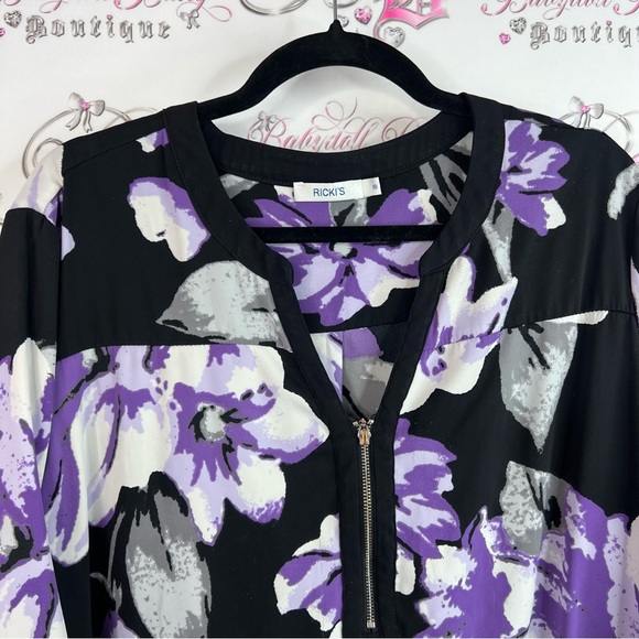 Ricki's long sleeve blouse half zip silver Black and Purple Floral Blouse - Picture 5 of 11
